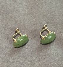 Vintage Solid 14K Gold Jade Cabachon Screwback Earrings Marked BB picture