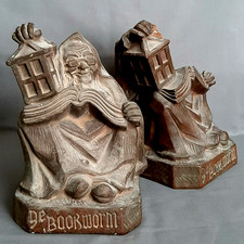 c1915 Antique Armor Bronze Company Ye Bookworm FG Plant Signed Bookends picture