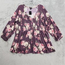 Torrid Top Womens 3X Purple Floral Smocked Henley Babydoll Tunic Jersey Raglan picture