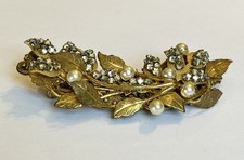 MIRIAM HASKELL Signed Vintage Brooch Baroque Style Pearl Beaded Gold Leaves picture