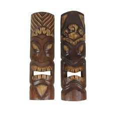 Set of 2 Hand Carved Wood Sun and Flower Polynesian Style Tiki Masks 20 Inches picture