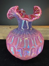 Fenton Plum Iridescent Thumbprint Ruffle Top Vase - Signed by F Fenton 1998 picture