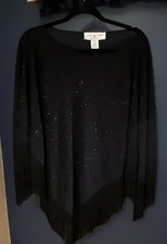 J.R. Nites by Caliendo Black Sheer Evening Poncho Top Beaded Fringe OS picture