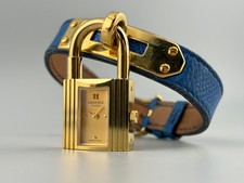 [Excellent] HERMES Kelly Gold Swiss Qz Women's Padlock Watch Blue Belt picture