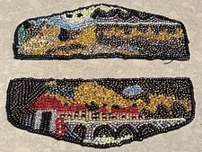 Antique Victorian Beaded Appliqué Panels Scenic Landscape Glass c1900 picture