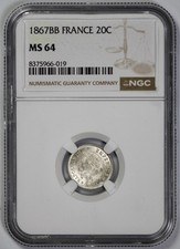 1867-BB France Silver 20 Centimes NGC MS 64 picture