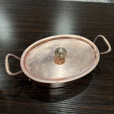 Copper Pot With Lid Brass Handles Small Oval Casserole Dish picture