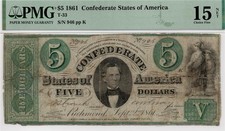 T-33 $5 1861 Confederate PF-1 RARE Plate State No VA Less Than 20 Known, PMG F15 picture