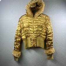 Y2K Palomares Jacket McBling Gold Metallic Faux Fur Hooded Bomber M Cropped picture