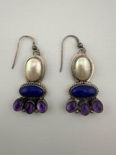 Vintage Native American Nakai Sterling Silver Lapis Amethyst & MOP Drop Earrings picture