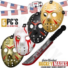 Jason Voorhees Mask & Machete All-In-One 4 Pack Masks & Bloody Machete Halloween picture