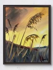Original Acrylic 14x11 Realist Windswept Grains Sunset Painting Signed Canvas picture