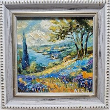 Original oil painting,signed,framed.Landscape with a river titled“Blue Distances picture