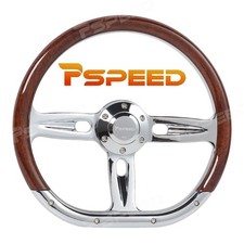 D-Shape 14 inch 6-Bolt Wood Grain Chrome 3-Spoke Billet Steering Wheel w/ Horn picture