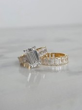 7.99 Ct Emerald Cut Lab Grown Diamond Ring & Eternity Full Band 14K Yellow Gold picture