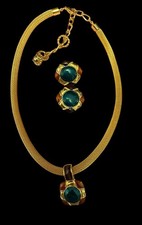 Unsigned David Grau Vintage 1980s Emerald Poured Glass Gold Mesh Jewellery Set  picture