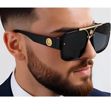 Luxury Oversized Square Sunglasses Gold Medallion Black Frame Men's Fashion 2026 picture