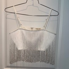 Main Strip Womens M Fringe Crop Top White Silver Western Rodeo Festival NWT picture