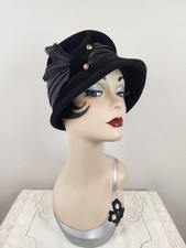 Vintage Chevalier Black Velvet Cloche Hat w/Satin, Feather & Rhinestones *Italy picture