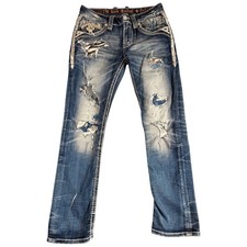 Rock Revival Bradley Jeans Mens 32 Blue Distressed Slim Straight Y2K Premium picture