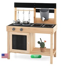 HONEY JOY Fir Wood Outdoor Play Kitchen Toddlers Faucet Water Tank Stove Sink picture