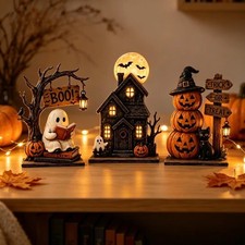 3pc Halloween Decor Set Haunted House Ghost Pumpkin Tabletop Statue Centerpiece picture