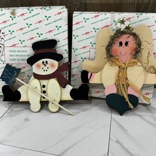 Vtg Wood Snowman & Angel Shelf Sitter Primitive Folk Art Holiday Christmas 1997 picture