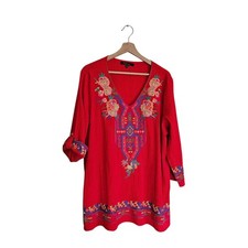 Calessa Red Multi-Color Embroidered Boho Peasant Tunic Blouse Western Rodeo picture