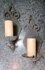 Pair Antique 1920s Spanish Revival Cast Iron Wall Sconce Lights As Found picture