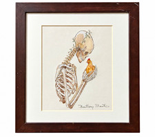 Brittony Martin Signed OOAK Skeleton Holding Chicken Drawing Framed COA picture