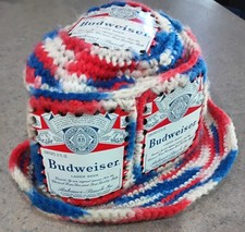 Vintage 70s Budweiser Beer Can Hat Crochet Bucket Hat Retro Handmade picture