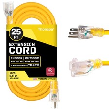 25 Foot Lighted Outdoor Extension Cord - 10/3 SJTW Yellow 10 Gauge Cable with 3 picture