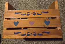 Vintage Wood Slatted Storage Crate Box w/Heart Handle Cutouts, Brown Blue Purple picture