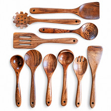 Montuk 10 Pcs Natural Teak Wood Kitchen Cooking Utensils Spoon Set picture