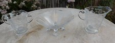 Vintage FOSTORIA Etching Glass Footed Creamer Sugar Bowl Vase Set of 3 picture