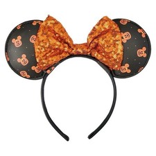 Aldi x Disney Black Orange Minnie Mouse Ears Sequin Bow Headband Halloween 🧡 picture