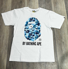 A Bathing Ape Men's S White Cotton Crew Neck Short Sleeve Ape Head Blue Camo Tee picture