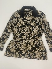 Mariann Restivo Dresses Vintage 80s Lapel Collar Floral Black Cream Blouse Sz 14 picture
