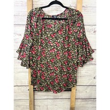 Chaps Womens Small Floral Ruffle Bell Sleeve Keyhole Blouse Black Pink picture