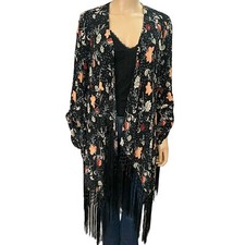 Torrid Fringe Kimono 1X Floral Open Front Boho Black Casual Festival Mid Length picture