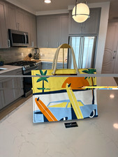 HERMÈS Bain Beach Tote Bag Graphic Print Yellow/Blue AUTHENTIC RARE picture