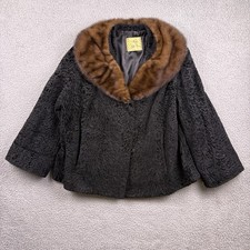 VTG Macy’s Little Shop Fur Coat Womens Large Mink Trim Lamb Retro Cropped picture