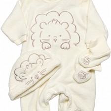 Vintage 90s Angelini Baby Fleece Footed Romper Set 3/6 Mos Cream Lion Outfit Set picture