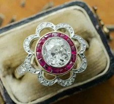 Vintage Art Deco 3.59Ct Lab Created Diamond & Ruby Wedding 14K White Gold Ring picture