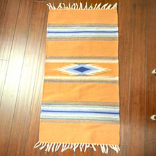 Ortega's 24” x 48” Chimayo 100% Wool Hand Woven Rug Textile w/ Tan Blue Diamond picture