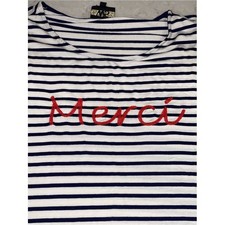 W5 Women Navy White Striped Merci Graphic Short Sleeve Shirt Size M Paris Travel picture