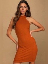NWT Lulu’s Rust Orange Ribbed Halter Bodycon Mini Dress / Medium picture