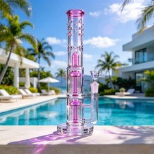 16 Inch Pink Heavy Glass Bong Shisha Percolate Hookah Water Pipe W/ICE 18mm Bowl picture