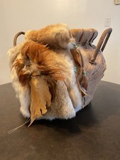 Vintage Handmade Native American Woven Basket from Corn Husk Feathers Rabbit Fur picture