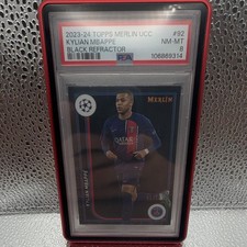 Topps Merlin UCC 2023-24 Kylian Mbappé #92 Black Refractor /10 PSA 8 picture